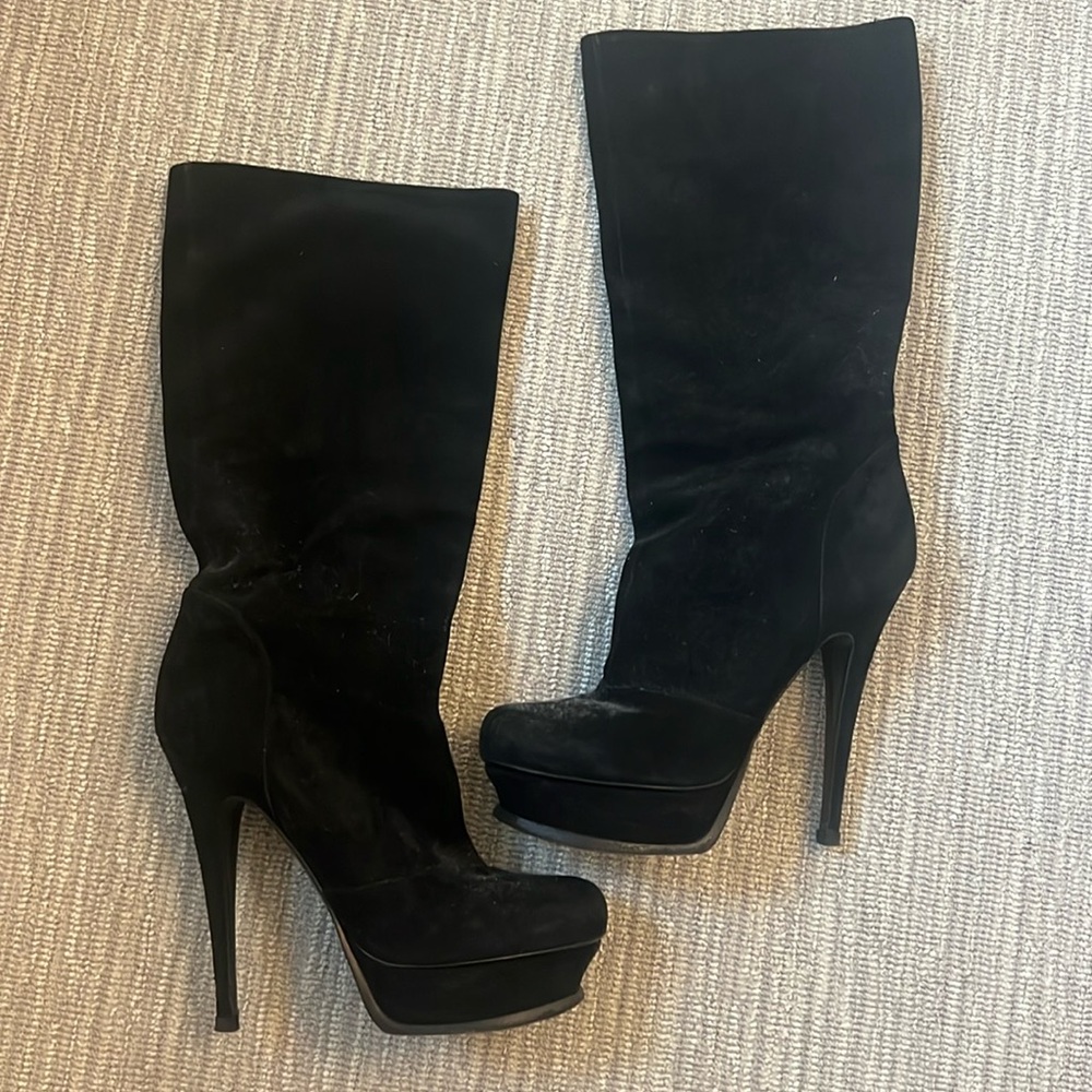YSL Yves Saint Laurent black suede platform boot